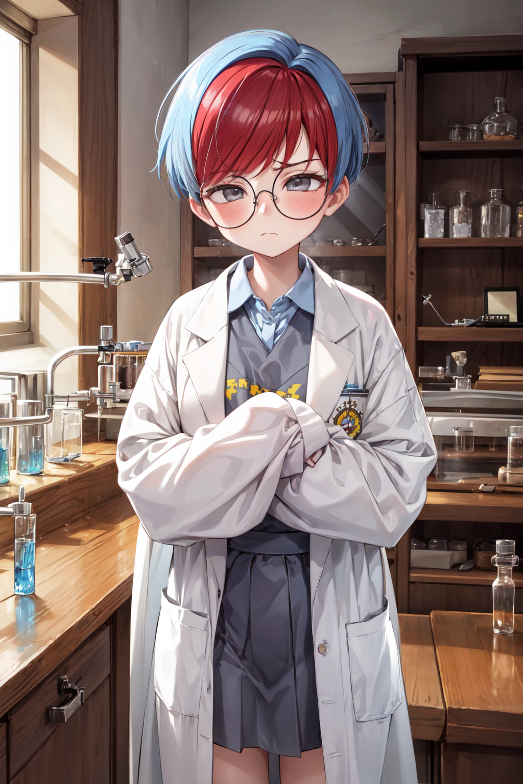 01191-2105336814-masterpiece,best quality,1girl,tomboy,Penny,short hair,blue hair,red bangs,gray eyes,glasses,round eyewear,oversized labcoat,sle.png